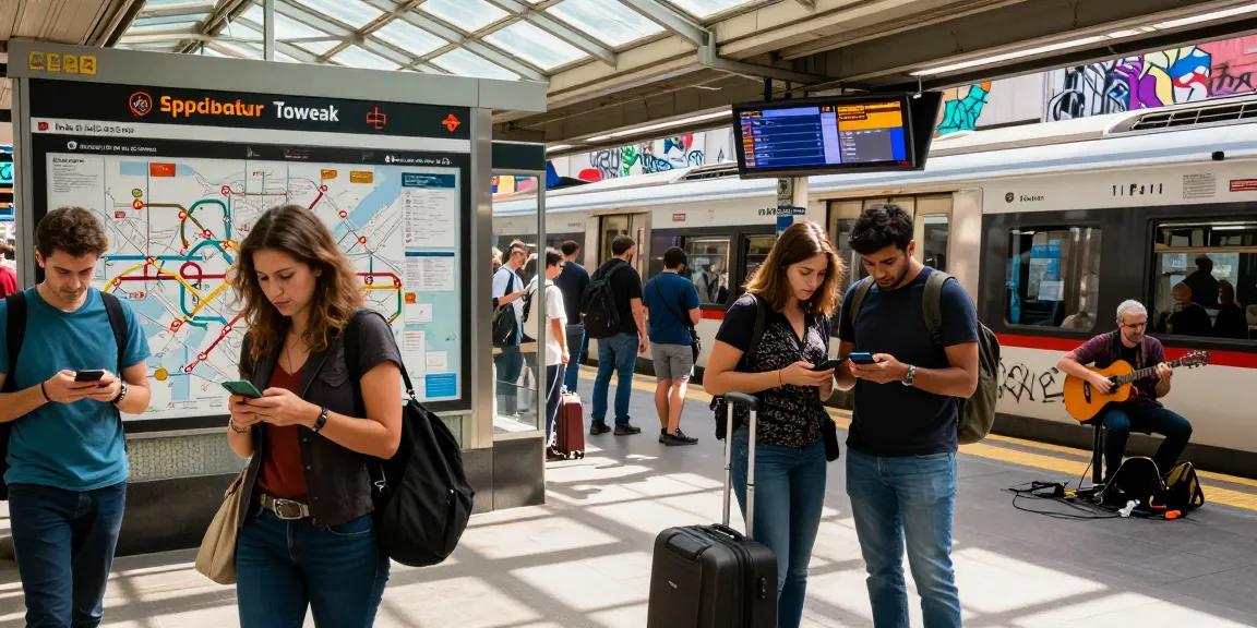 Train tracker display at urban subway station with diverse commuters checking live arrivals.