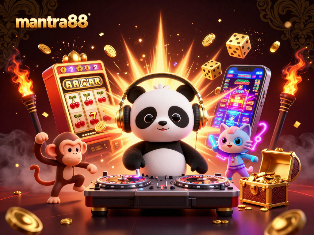 Engage in fun gaming with mantra88 as cartoon characters celebrate near a slot machine.