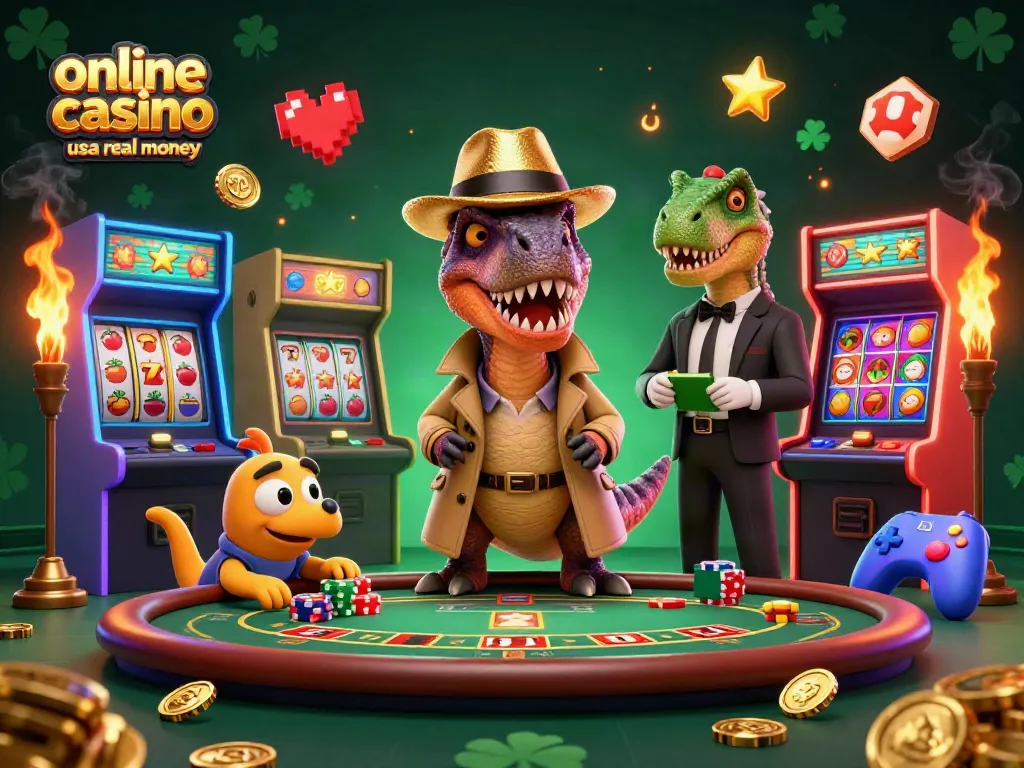Play at an online casino usa real money with a cartoon velociraptor card counter and stegosaurus pit boss at a blackjack table.