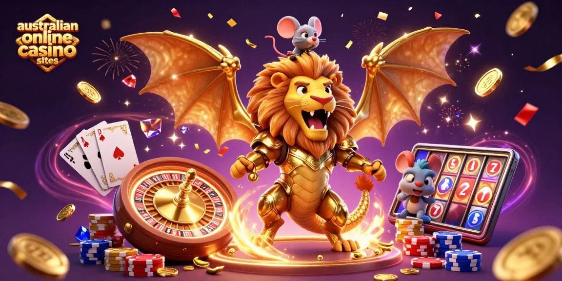 Enjoy dynamic gaming at australian online casino sites featuring golden chimera, coins, and cards.