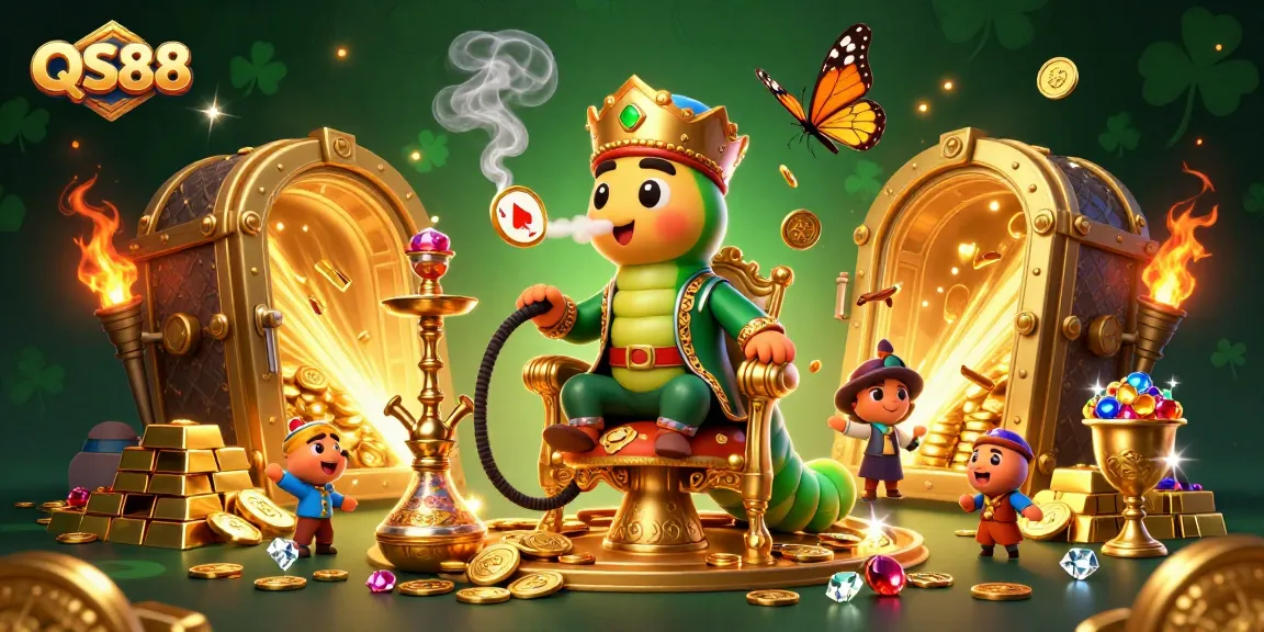 Experience the thrill of QS88 with a dynamic 3D illustration featuring casino symbols and treasures.