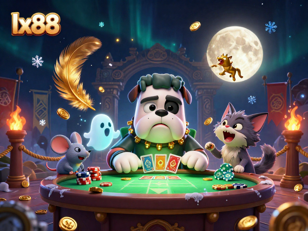 Experience thrilling gambling with lx88 in this vibrant casino scene featuring unique characters and lush, interactive elements.