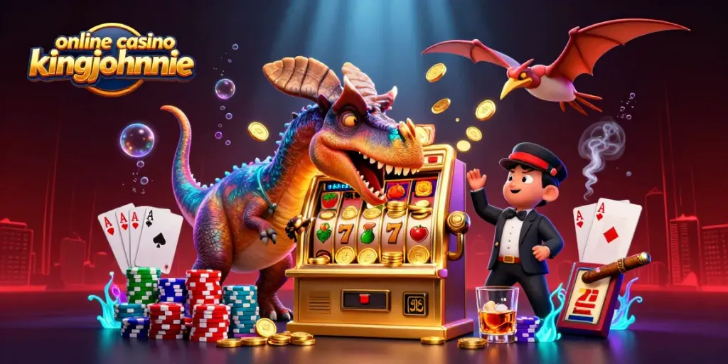 Engaging scene of online casino kingjohnnie, showcasing a pachycephalosaurus and other characters in a jackpot-winning moment.