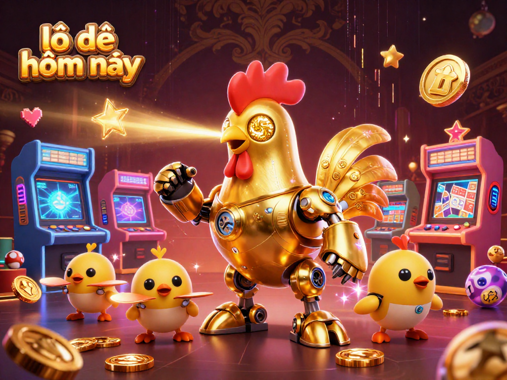 Engage in lô đề hôm nay with a thrilling illustration of a golden rooster robot and baby chick drones.