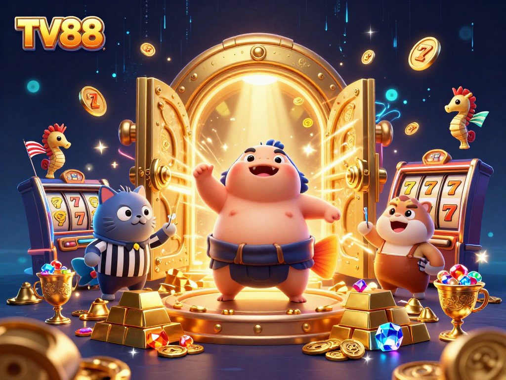 TV88 illustrates a vibrant underwater casino scene with a puffed-up fugu and spectacular gaming elements.