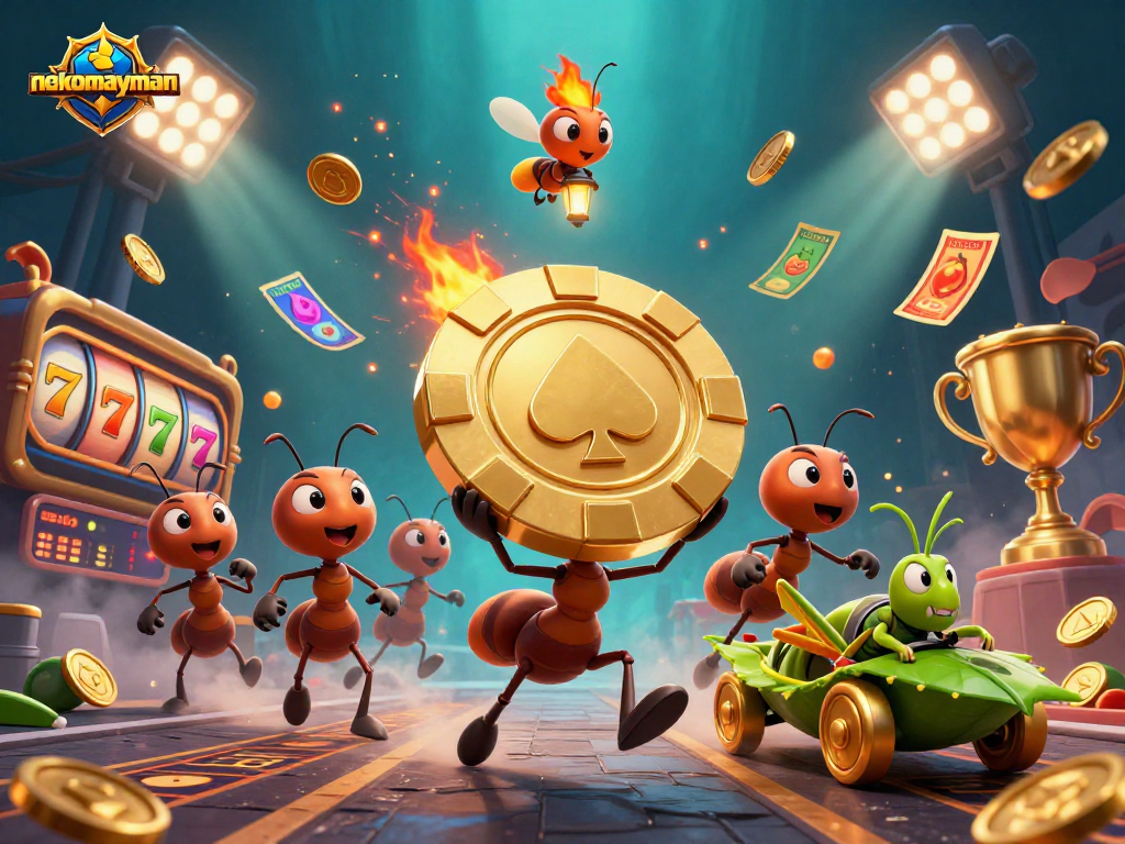 Win big with nekomayman as ants run a heist carrying a massive golden poker chip through a vibrant casino scene.
