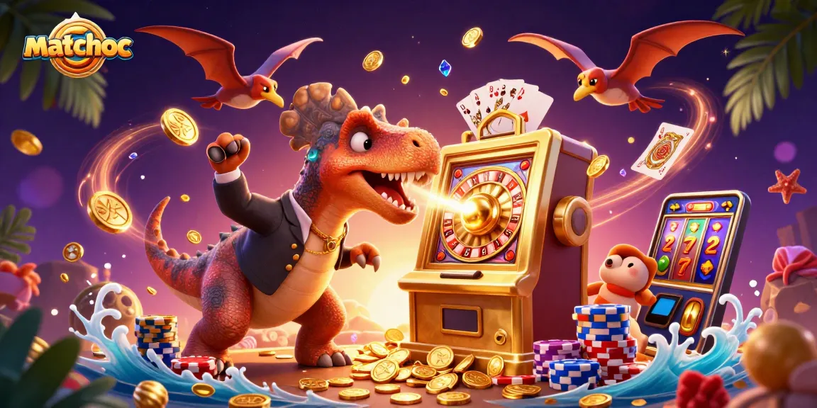 Experience the thrill of matchuoc as a pachycephalosaurus jackpots with coins in a vibrant casino scene.