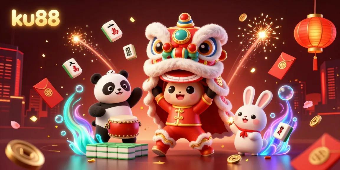Get ready to celebrate with ku88 in this vibrant 3D casino scene featuring festive characters and gaming elements.