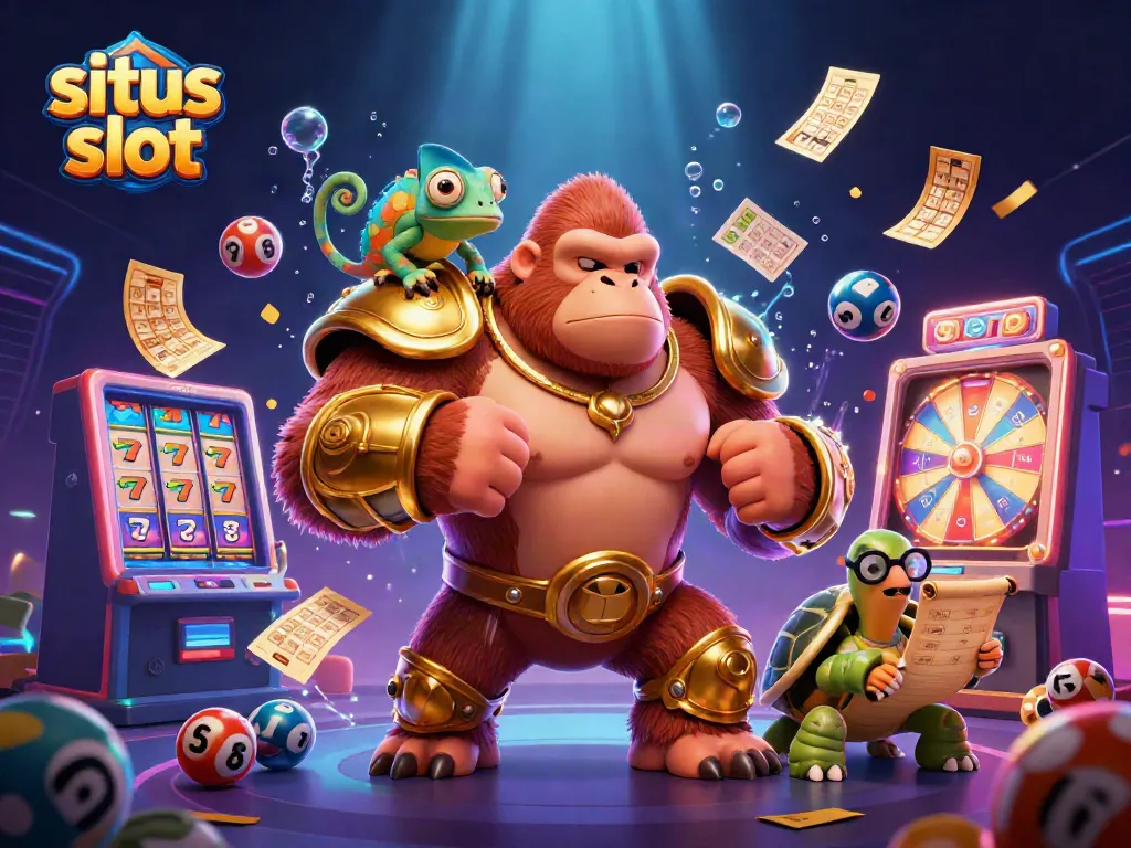 Menyajikan gameplay menarik dari situs slot dengan elemen visual yang kaya seperti bola lotere dan tiket emas.