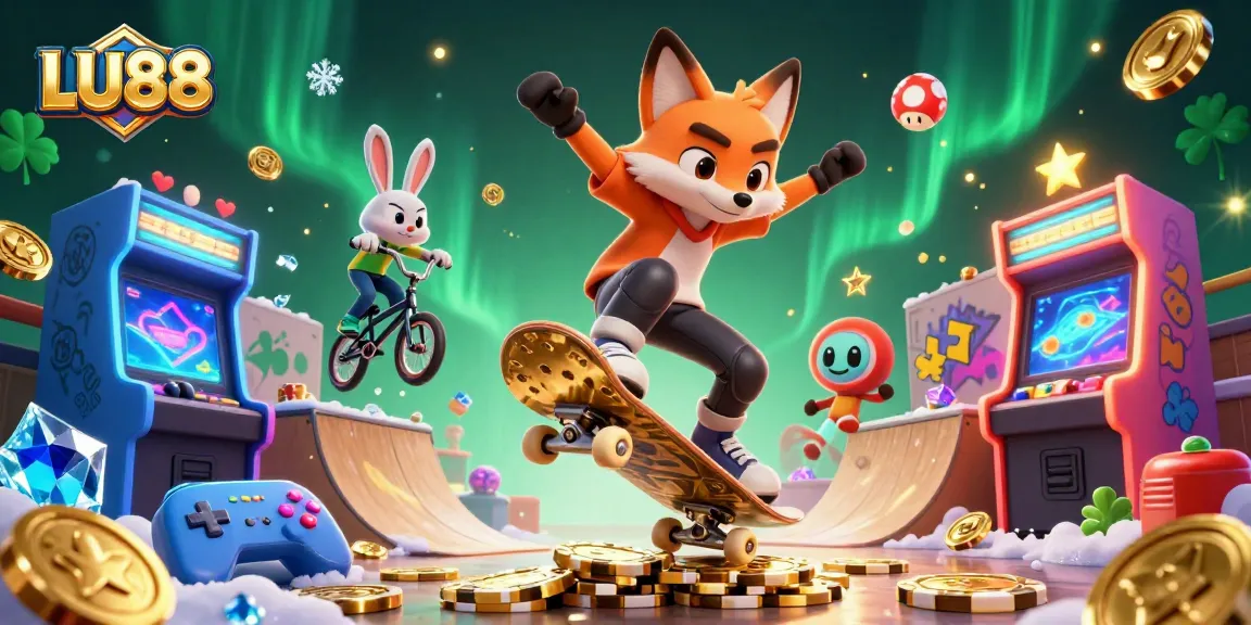 LU88 captures thrilling gameplay with a skateboard fox and BMX rabbit in a vibrant casino setting.
