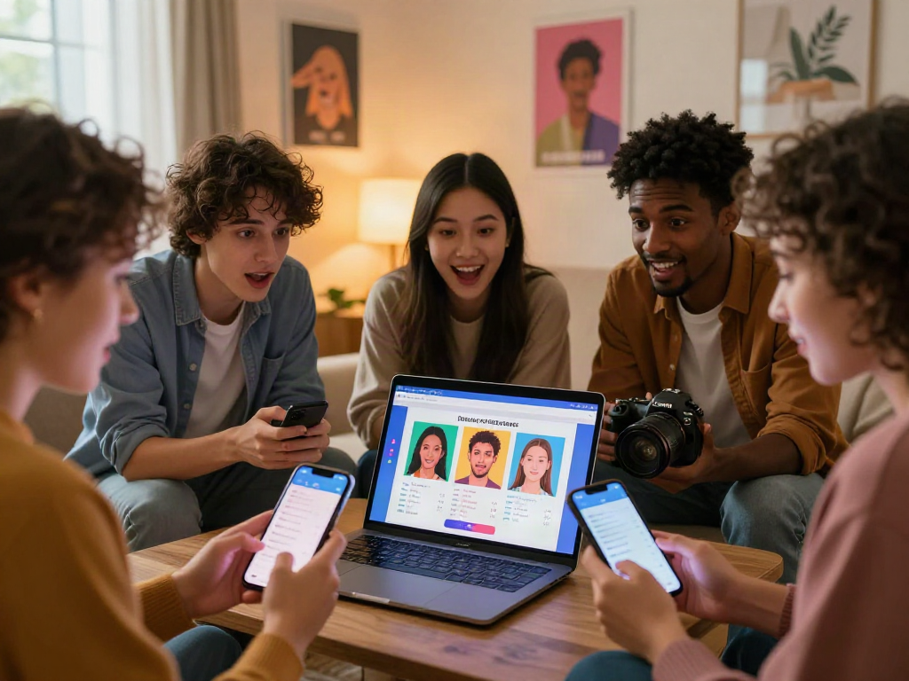 Individuals excitedly taking a test of attractiveness online, showcasing facial metrics on a laptop.