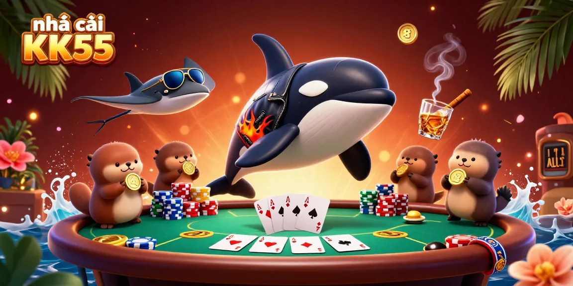 Experience thrilling poker action at nhà cái KK55 with animated sea creatures and vibrant casino elements.