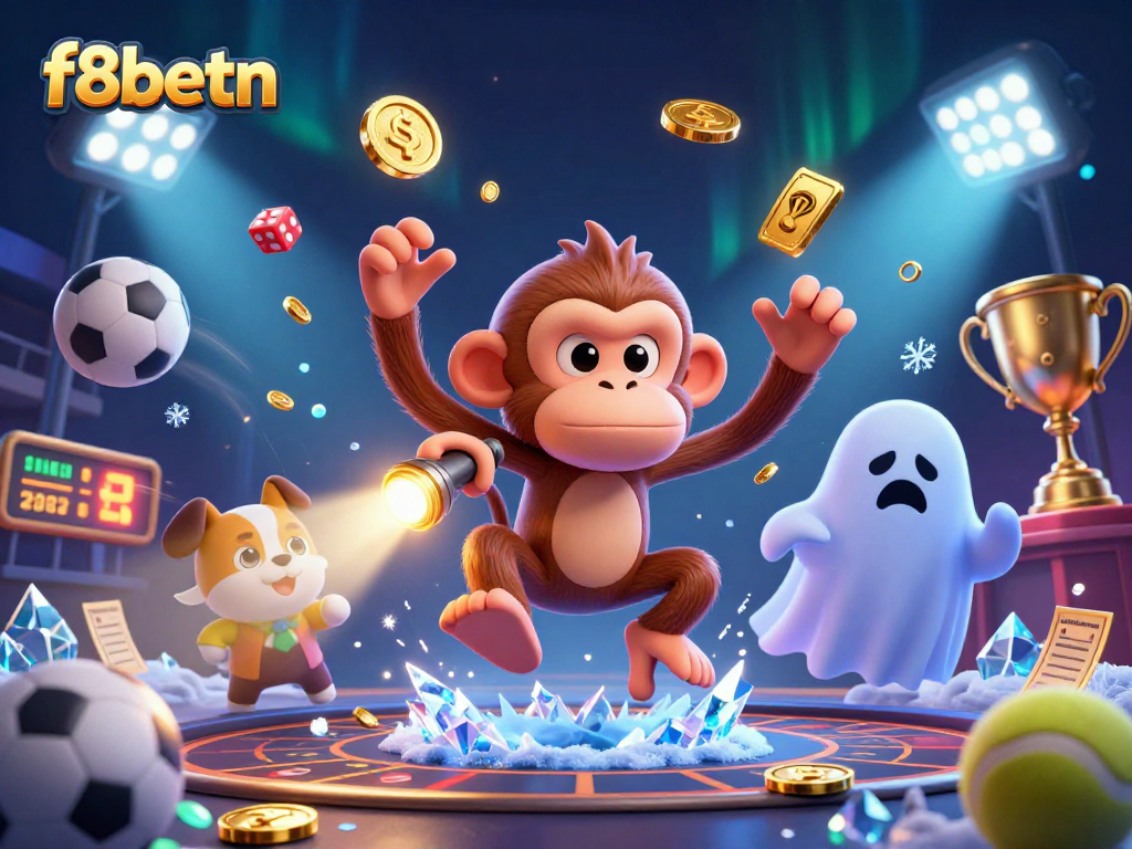 Experience the excitement of f8betn with a playful monkey and a ghost-hunter puppy in a vibrant casino.