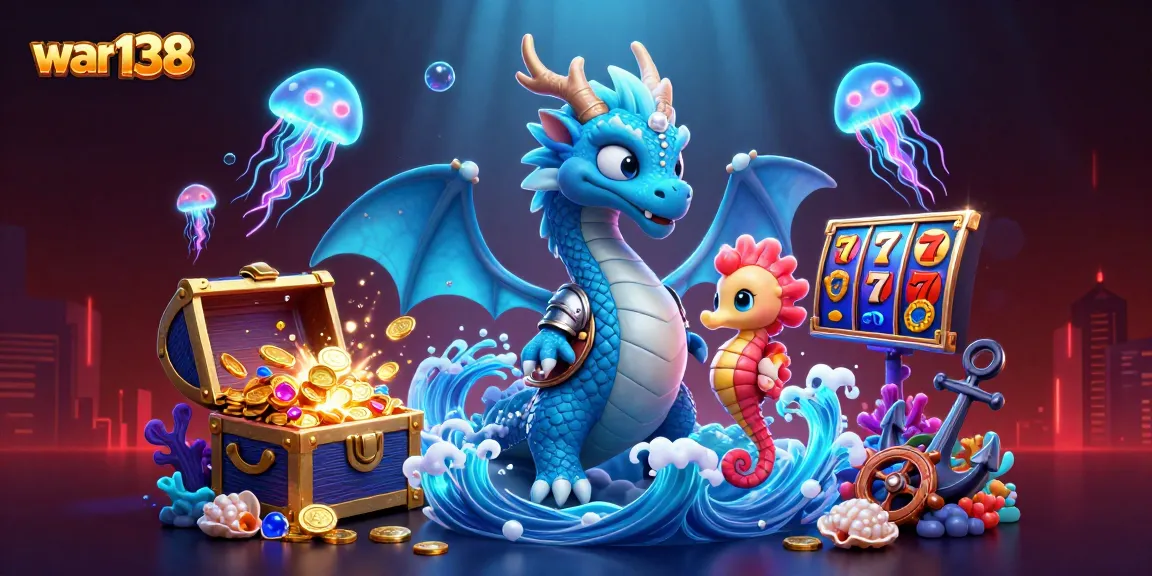 Play exciting slots with war138 featuring a stunning dragon, seahorse knight, and vibrant casino elements.