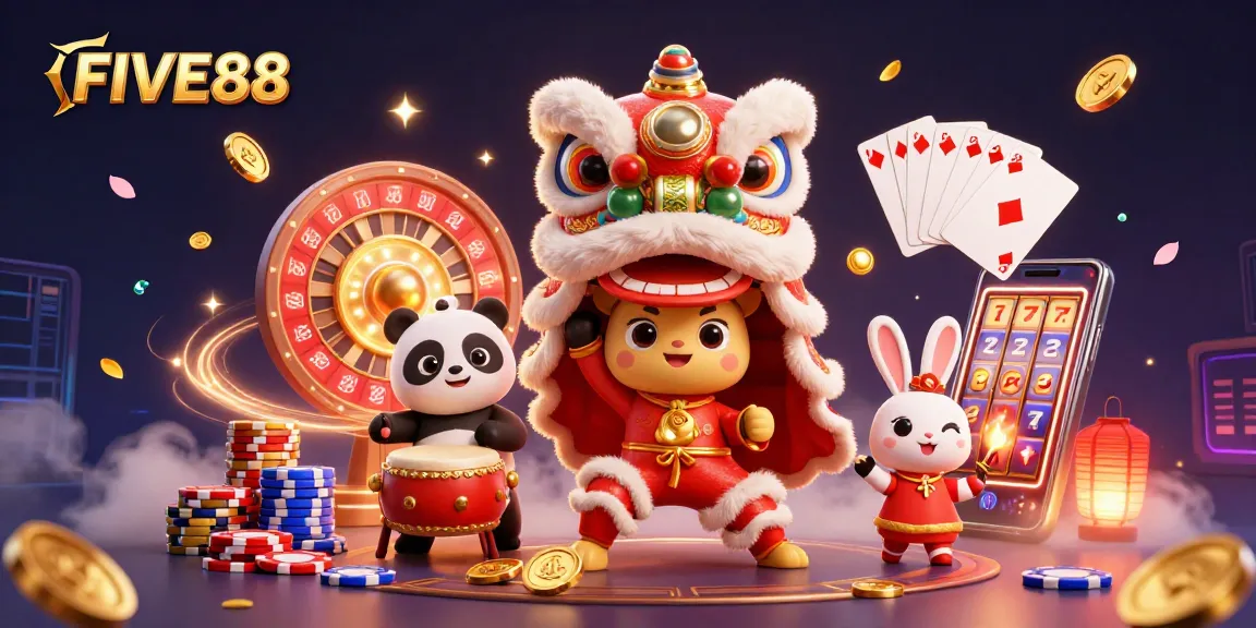 Experience the excitement of FIVE88 with vibrant characters and dynamic casino elements in this engaging illustration.