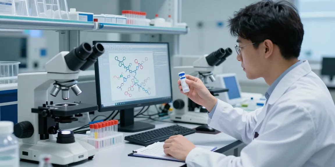 Scientist examining a lyophilized peptide blend in a laboratory for precise research validation.