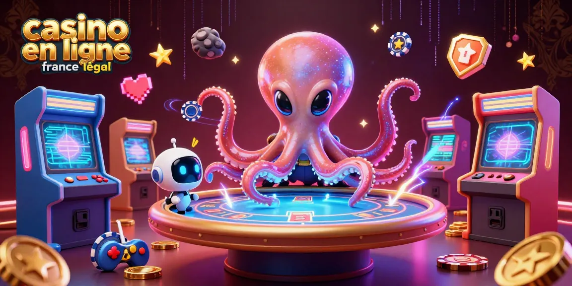 Jouez dans un casino en ligne France légal avec une illustration 3D captivante d'un octopus alien et des éléments de jeu.