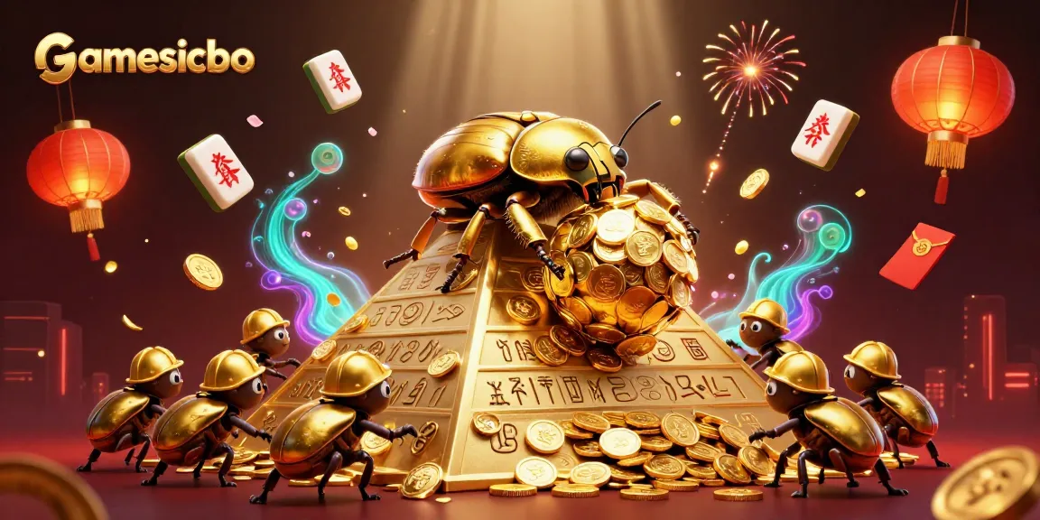 Experience the excitement of gamesicbo as golden beetles roll coins amidst vibrant casino symbols.