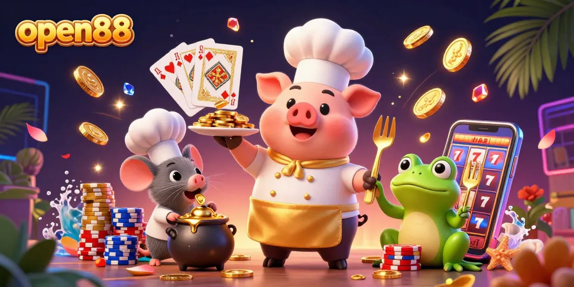 open88 attracts players with an engaging 3D scene of a chef pig serving gold coins and vibrant gambling elements.