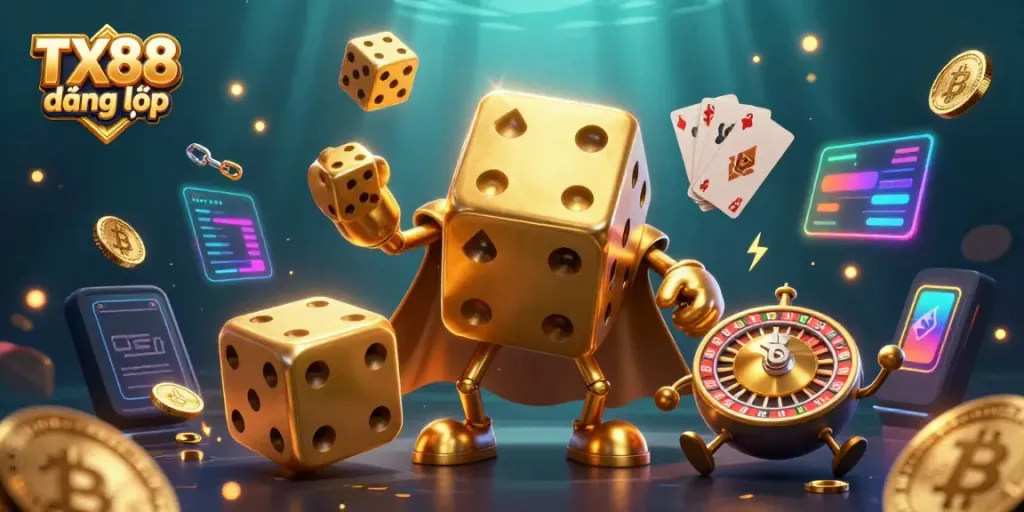 TX88 đăng nhập engaging players in a vibrant 3D casino scene with gold dice and crypto coins