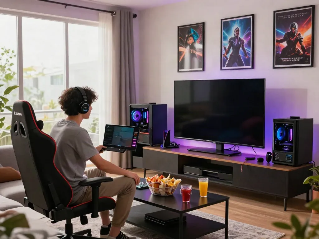 Gamer enjoying สล็อตเว็บตรง in an inviting living room with gaming gear and snacks.