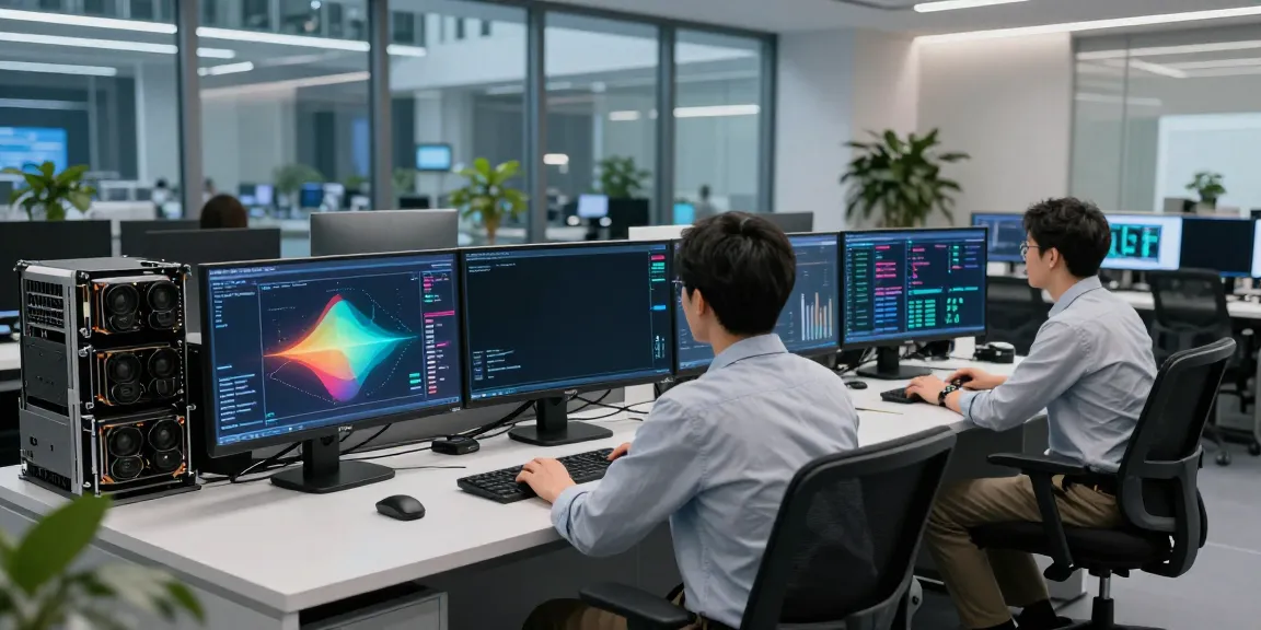 Engineers monitoring AI inference statistics in a high-tech control room.