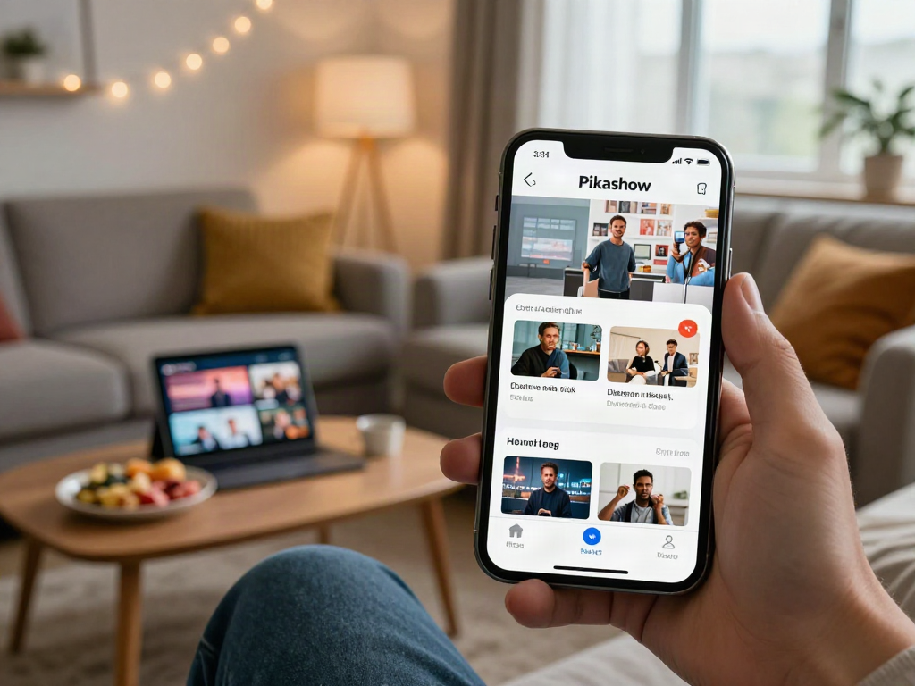 Download Pikashow Apk on smartphone in cozy living room with snacks and warm lighting.