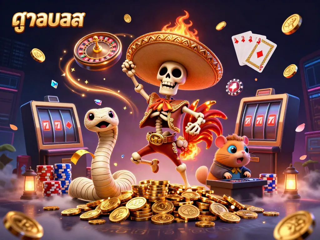 Experience the thrill of watching ผลบอลสด and ดูบอลสด with this lively 3D casino-themed illustration featuring a mariach skeleton.