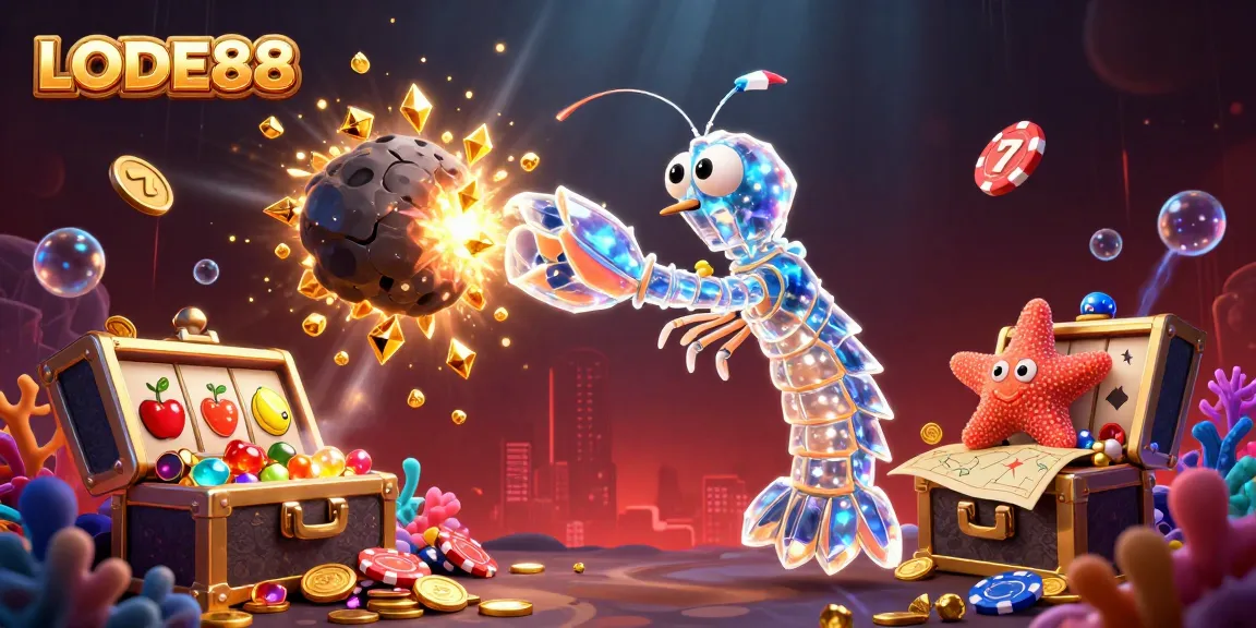 Engage with LODE88's vibrant casino world, featuring a dynamic underwater scene full of treasures and slot elements.