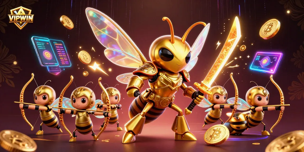 Engage in thrilling gameplay at VIPWIN with a majestic golden hornet and archers highlighting a vibrant casino atmosphere.
