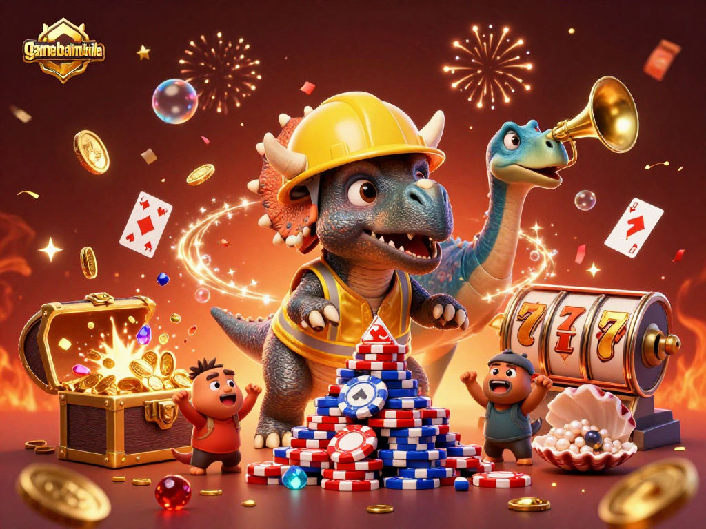 Experience thrilling gameplay with gamebaimobile as triceratops builds poker chip pyramid amid casino magic.