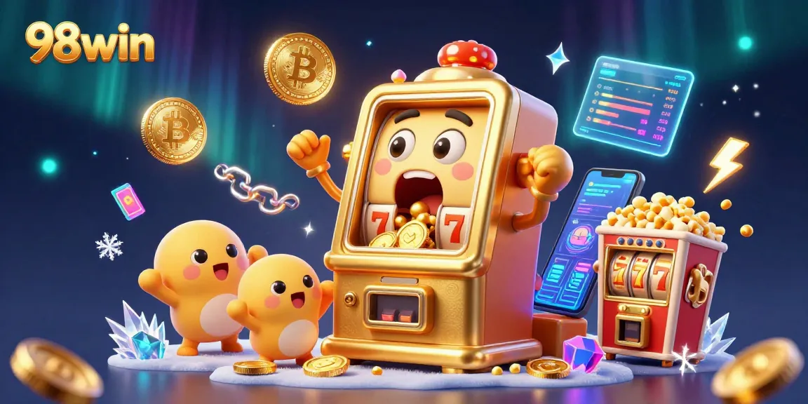 98win slot machine celebrates a jackpot, surrounded by crypto coins and vibrant casino elements