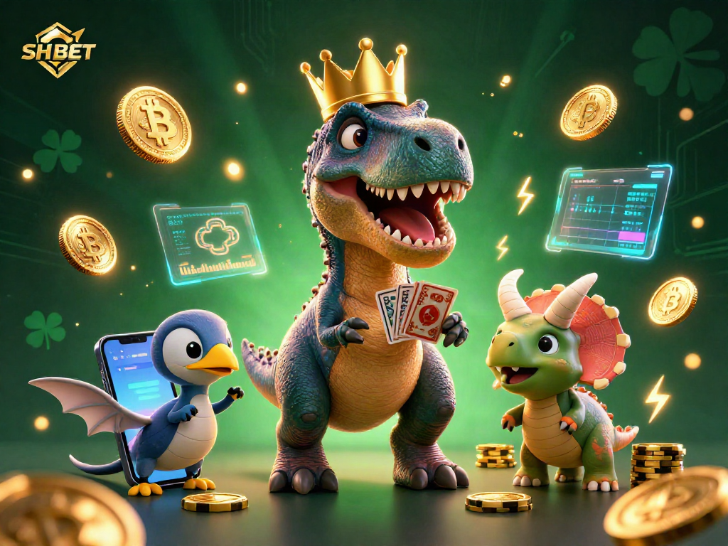Engage with SH BET's thrilling casino scene showcasing a T-Rex shuffling cards and stacking chips.
