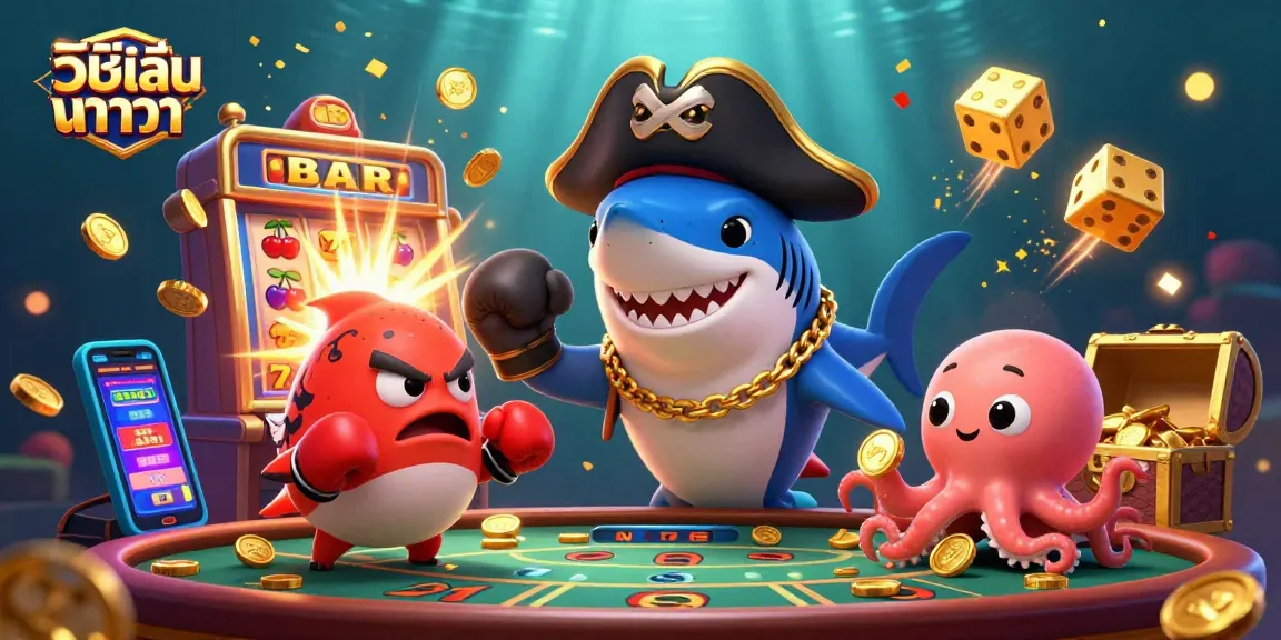 Experience วิธีเล่นบาคาร่า with fun characters in a vibrant casino scene featuring a shark, pufferfish, and octopus.