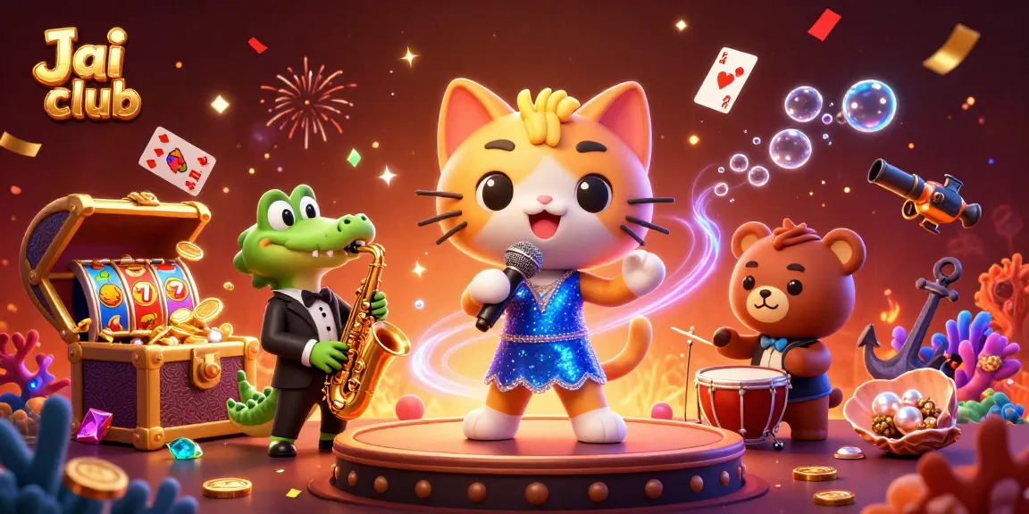 Experience Jai club's lively casino scene with animated characters and vibrant slot elements.