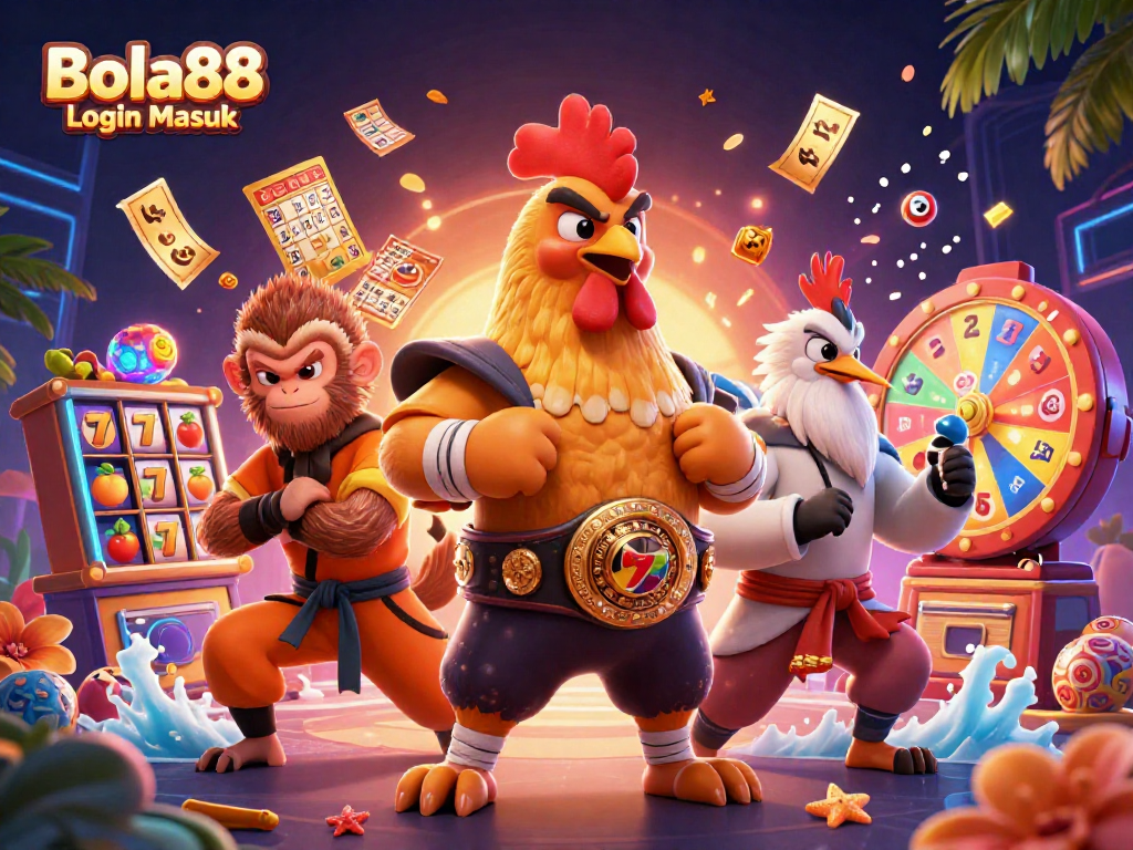 Bola88 Login Masuk showcases a dynamic casino scene with a Muay Thai rooster, Shaolin monkey, and wise crane surrounded by vibrant slot reels and jackpots.