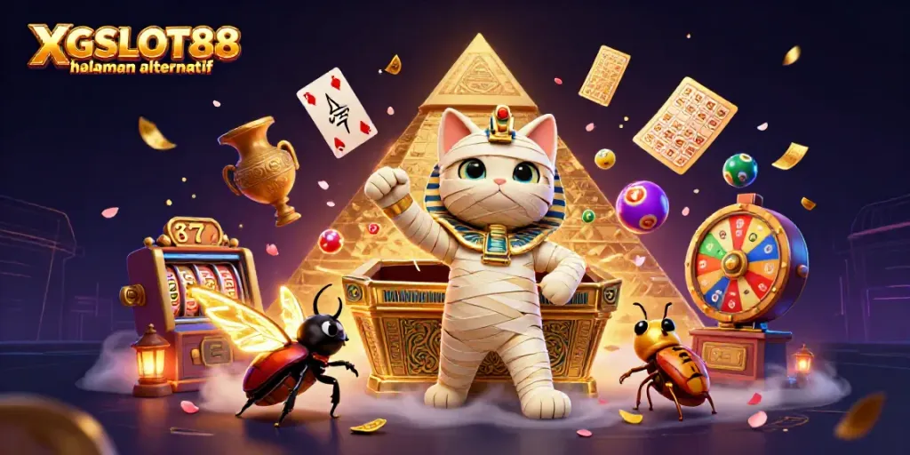 Gatot Egypt yang memukau mempromosikan halaman alternatif XGSLOT88 dengan permainan slot dan lotere yang seru.