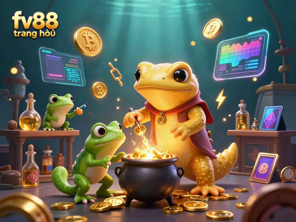 Experience the excitement of gambling with this illustrated scene from fv88 trang chủ showcasing alchemical transformation and cryptocurrency.