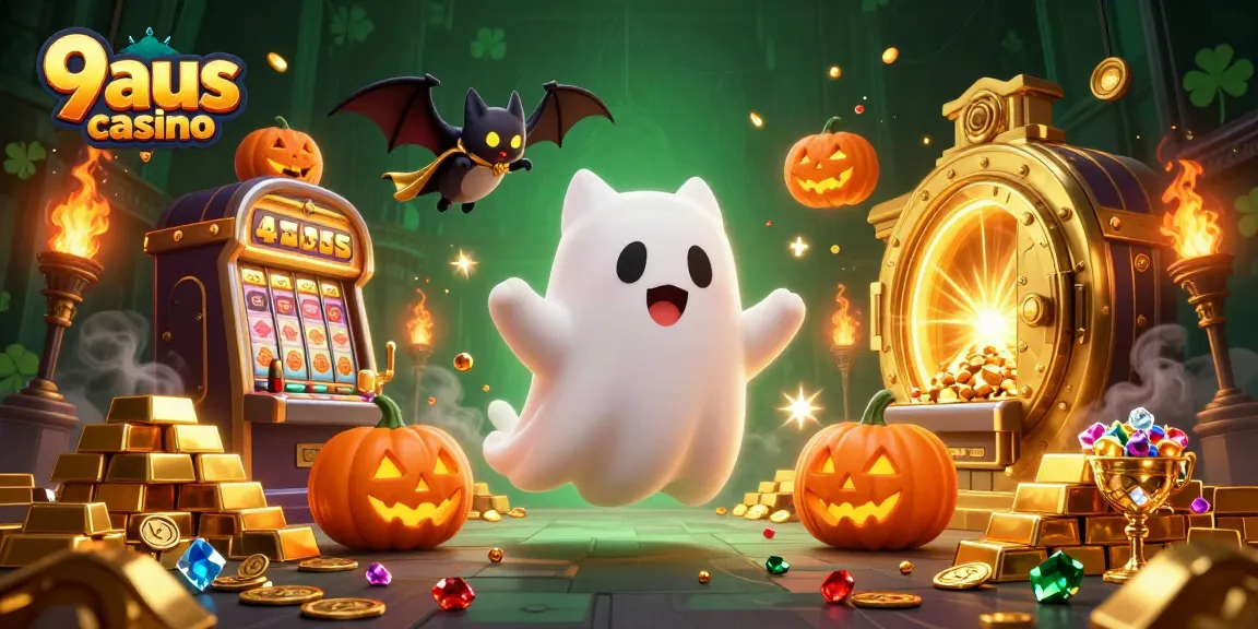 Spin to win at 9aus casino with a friendly ghost cat and vibrant slot machines.