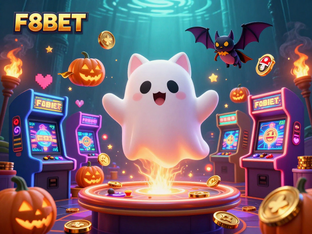 Engage in thrilling slots at F8BET as a ghost cat and bat explore a vibrant haunted casino.
