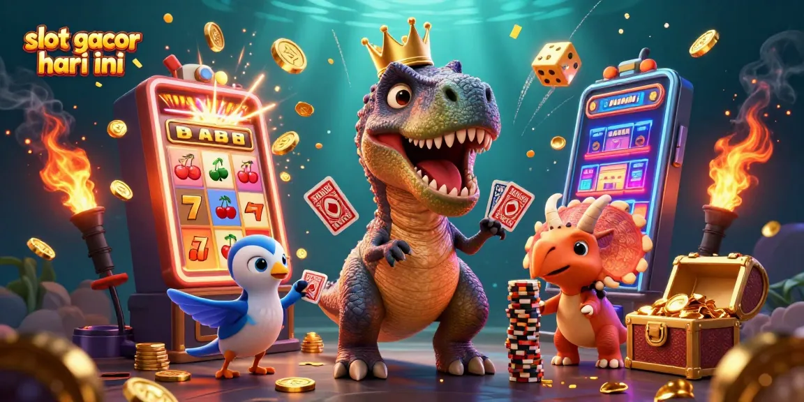 Experience the excitement of slot gacor hari ini with T-Rex and friends in a vibrant casino scene.