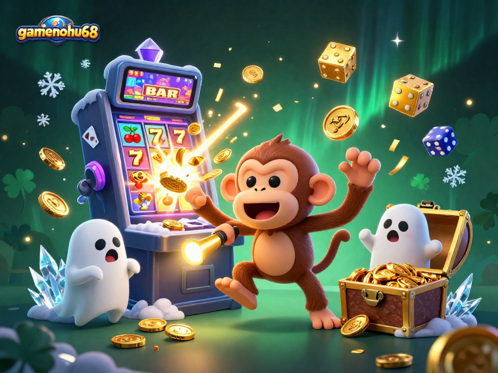 Experience the excitement of gamenohu68 with a lively 3D scene of a mischievous monkey juggling casino treasures.
