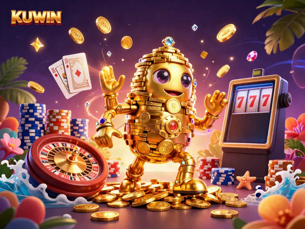 Experience thrilling wins with KUWIN's golden golem surrounded by casino games and sparkling gems.
