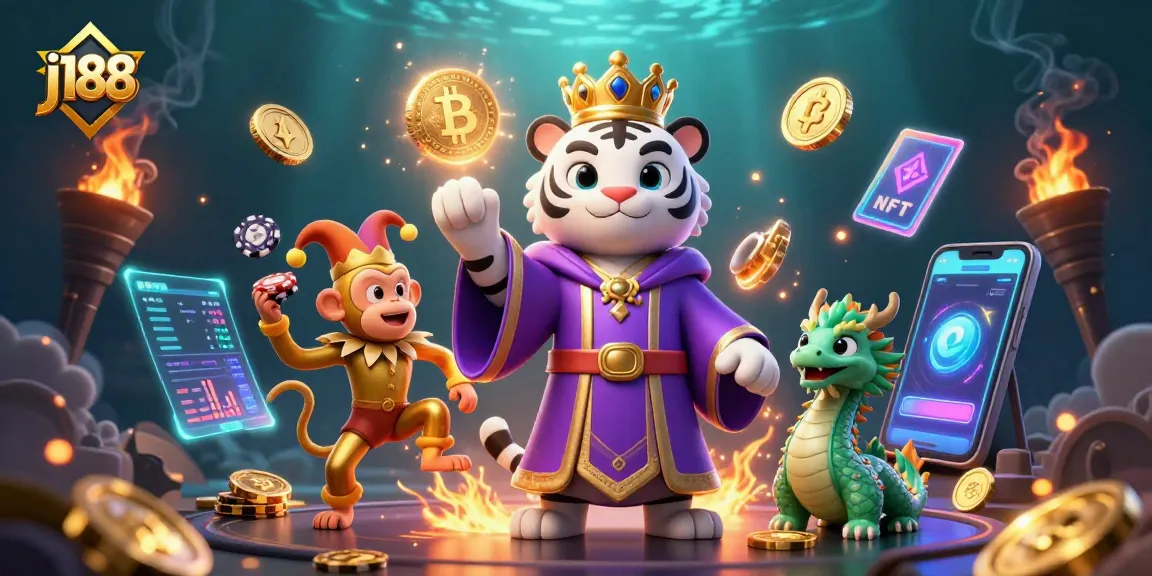 Join j188’s thrilling crypto gaming scene with a majestic tiger, a jester monkey, and golden coins!