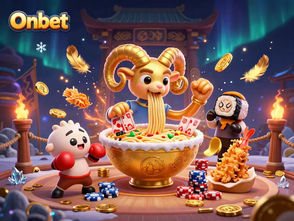 Onbet features a vibrant scene with a giant ramen bowl dealer and cheerful sushi and gyoza characters.