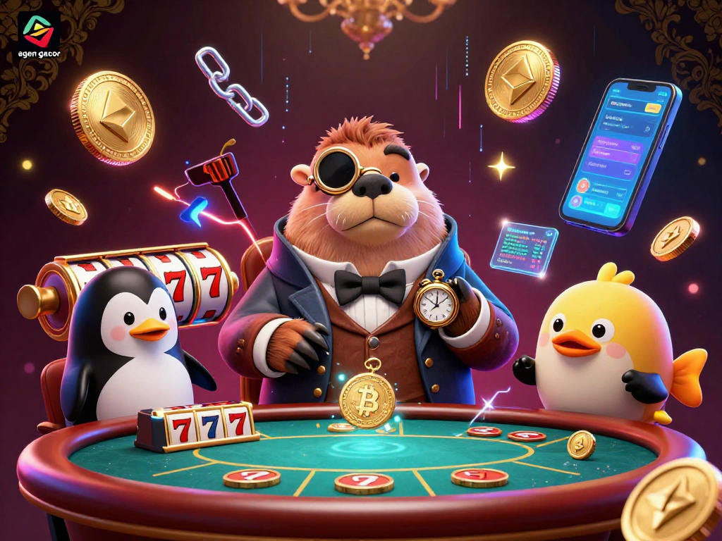 Engage with the ultimate agen gacor experience featuring vibrant slot reels and animated characters in a lively underwater poker setting.