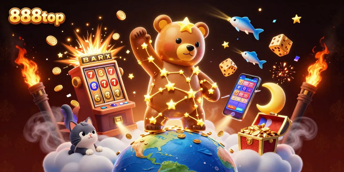 Exciting 888top slots scene with constellation bear, golden coins, and vibrant casino elements.