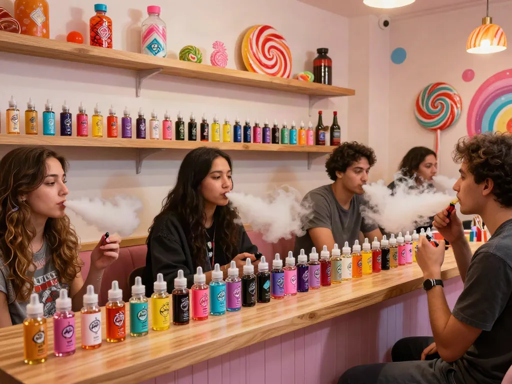 Pop Clouds E-Liquid displayed in a vibrant vape lounge with friends enjoying diverse flavors.