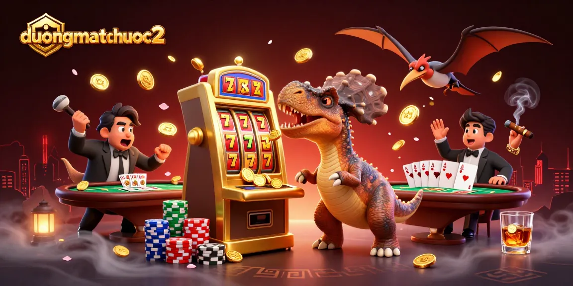 duongmatchuoc2 features a pachycephalosaurus winning jackpot coins while chaos ensues in a vibrant casino scene