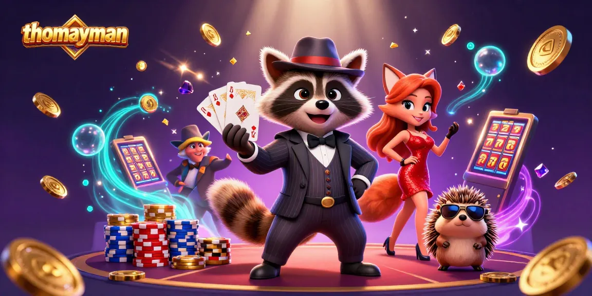 Enjoy thrilling jackpots with thomayman as charming characters celebrate at a vibrant casino scene.